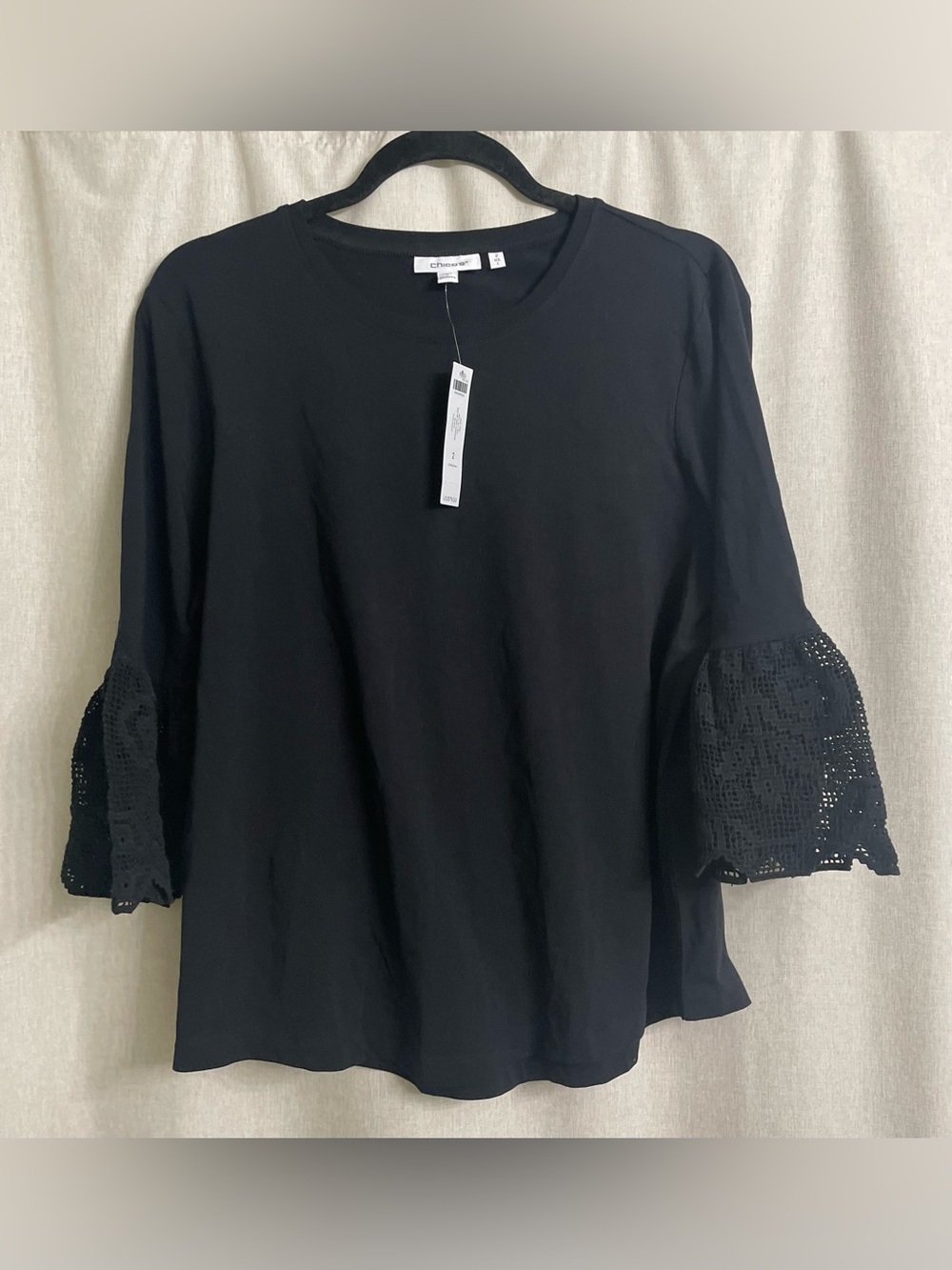 NWT Chico’s Cotton Lace Flutter Sleeve Tee Black Size 2 Large